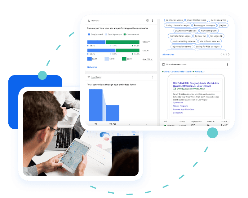 AdsPulse campaign reporting showing search ad performance and the lead funnel