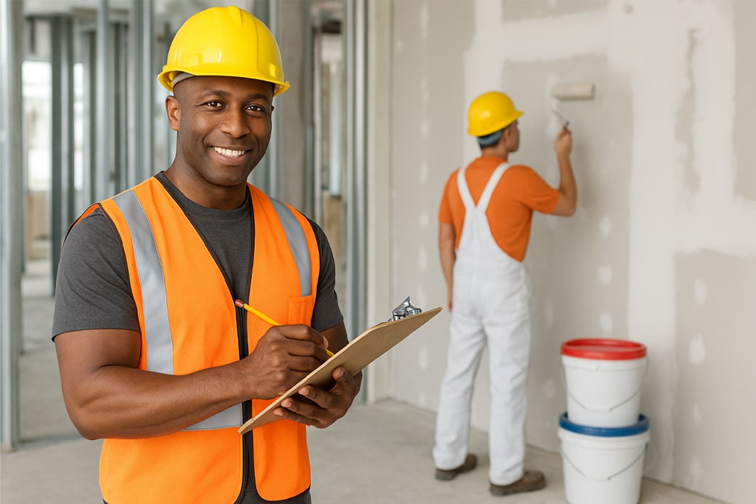 Construction worker in safety gear holding a clipboard, overseeing a colleague painting a wall, with paint buckets in the background, illustrating home services professionals at work.