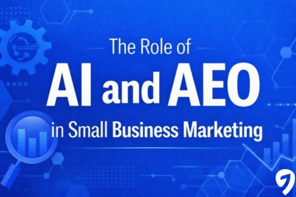 The Role of AI and AEO in Small Business Marketing with graphical elements representing digital marketing tools and analytics.