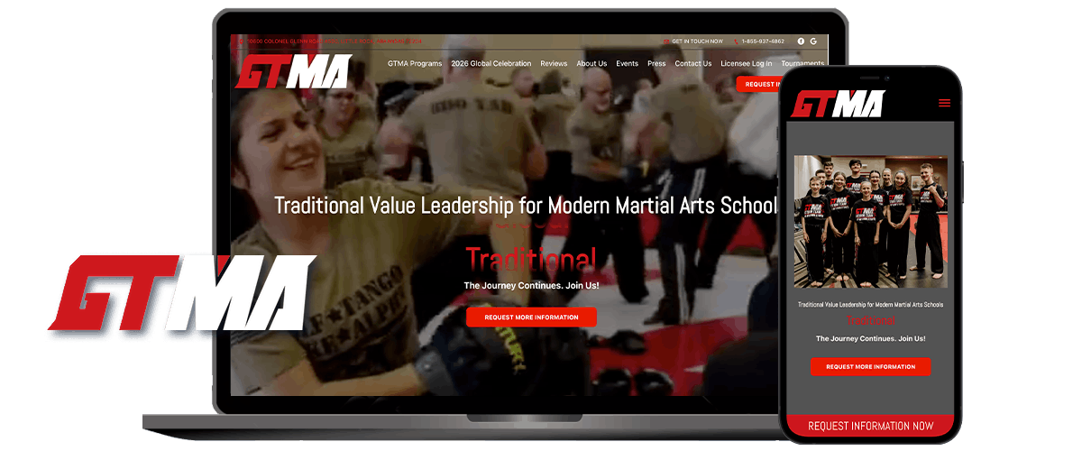 GTMA logo on laptop and smartphone screens displaying martial arts training, emphasizing traditional values and leadership for martial arts schools, promoting online visibility and growth through 97Display's marketing partnership.